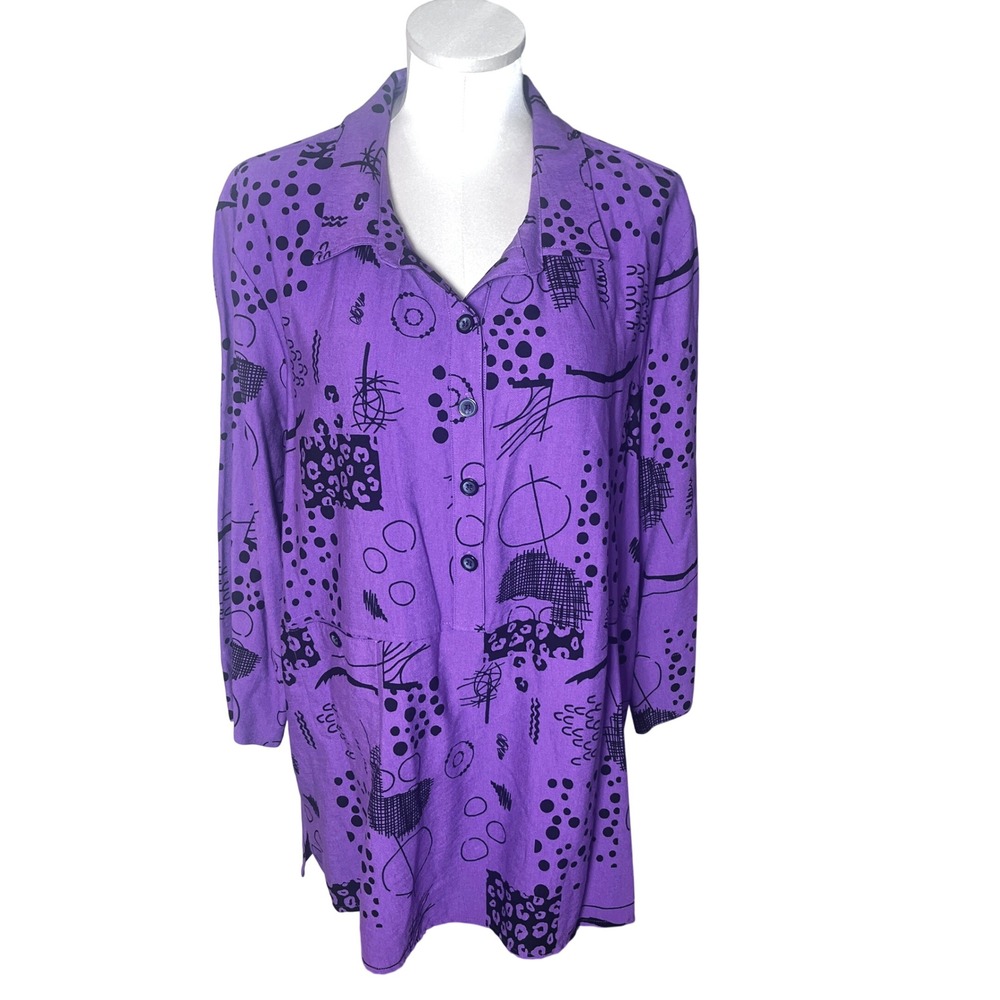 Ali Miles Purple Abstract Print Button Front Tunic Top XL Art to Wear Lagenlook
